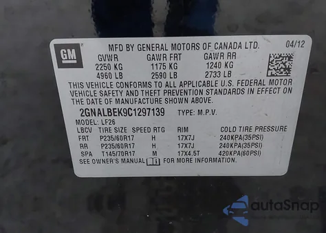 2012 Chevrolet Equinox Ls из США, поврежденный, VIN 2GNALBEK9C1297139